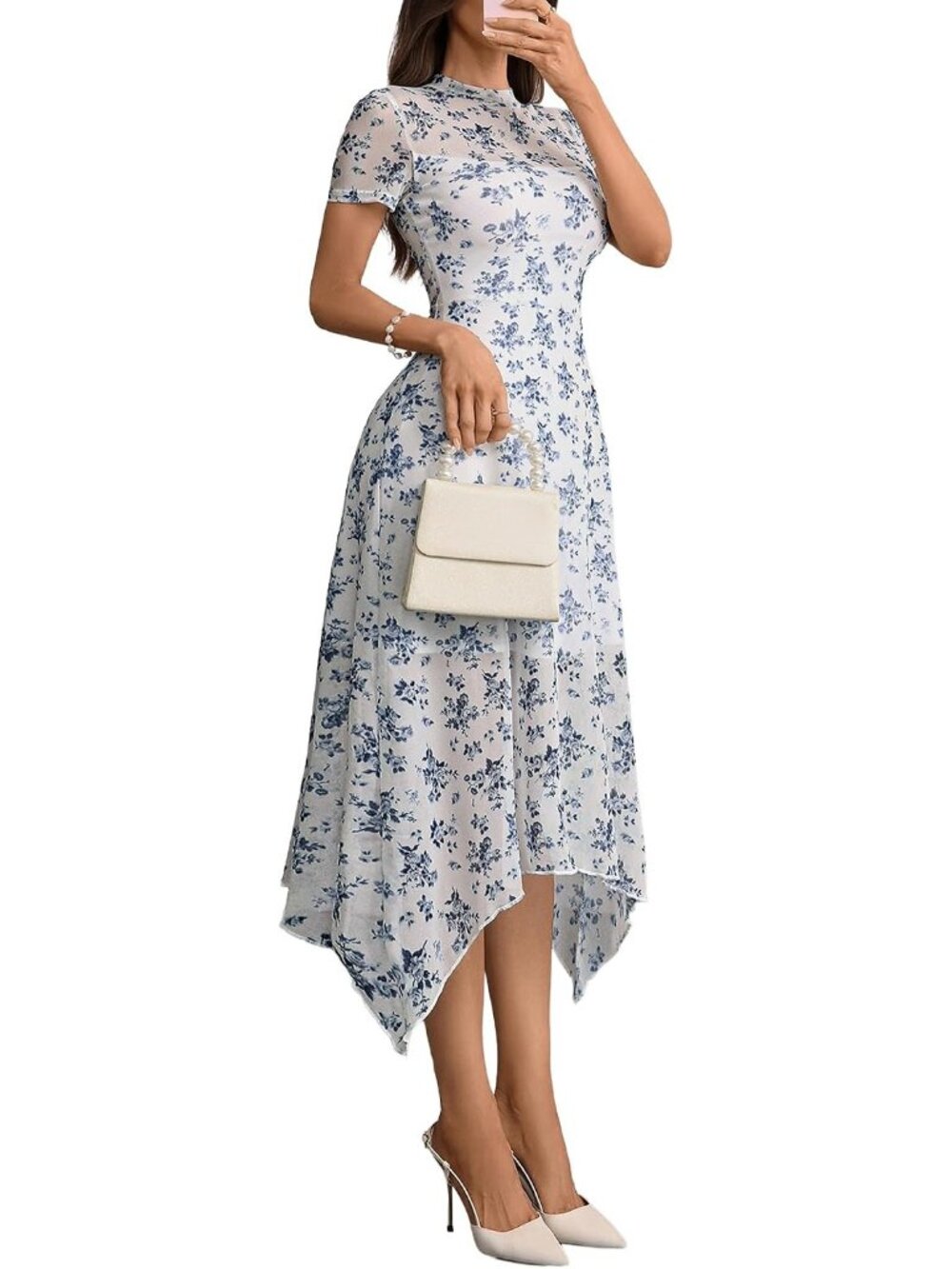 Women's Blue Floral Sleeve Floral Mesh Elegant Vintage Irregular Hem Midi Dress
